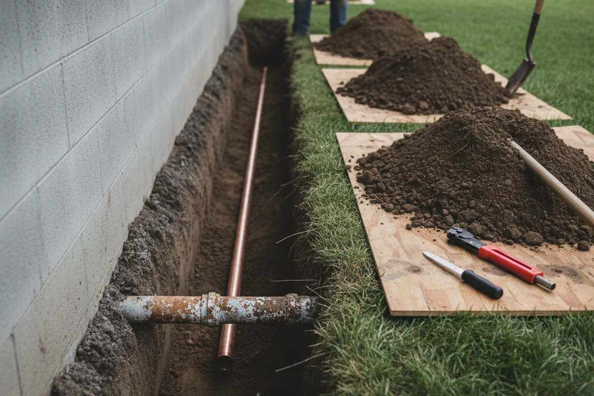 Excavated water line trench during Water Softener Installation in Millerton